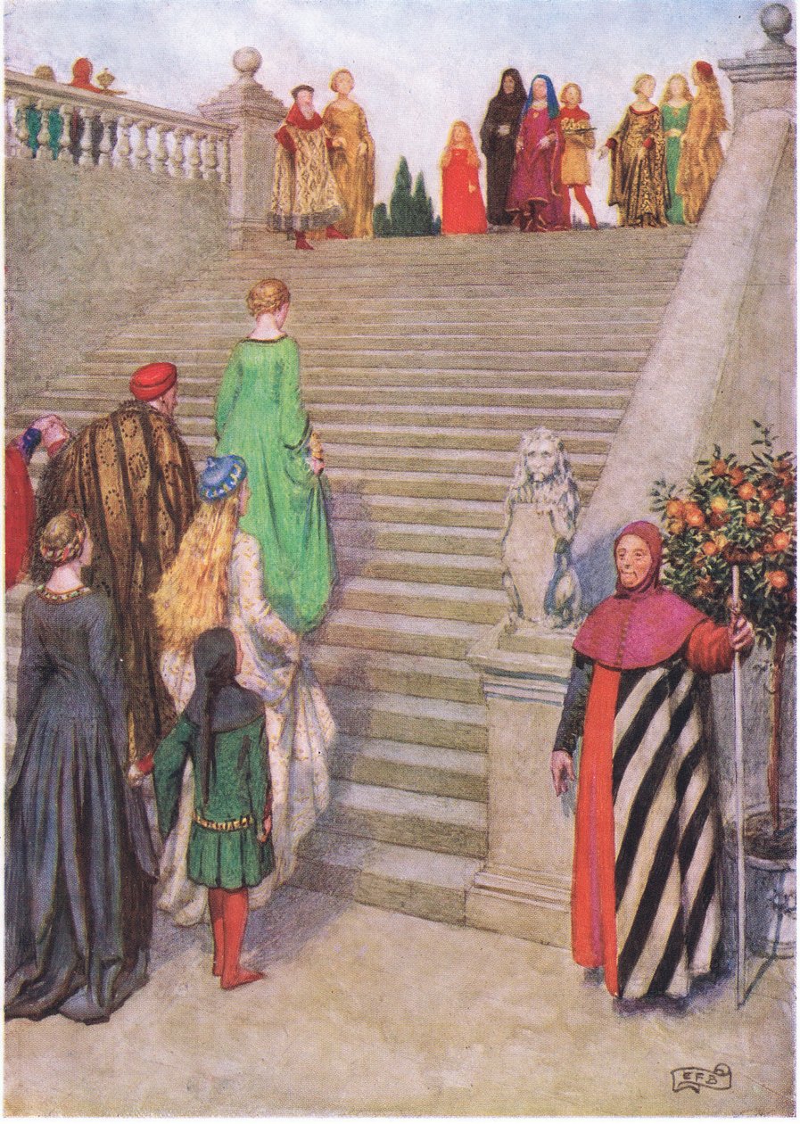 První setkání Danteho a Beatrice: „V mé vizi hovořila síla. (litho) od Eleanor Fortescue Brickdale