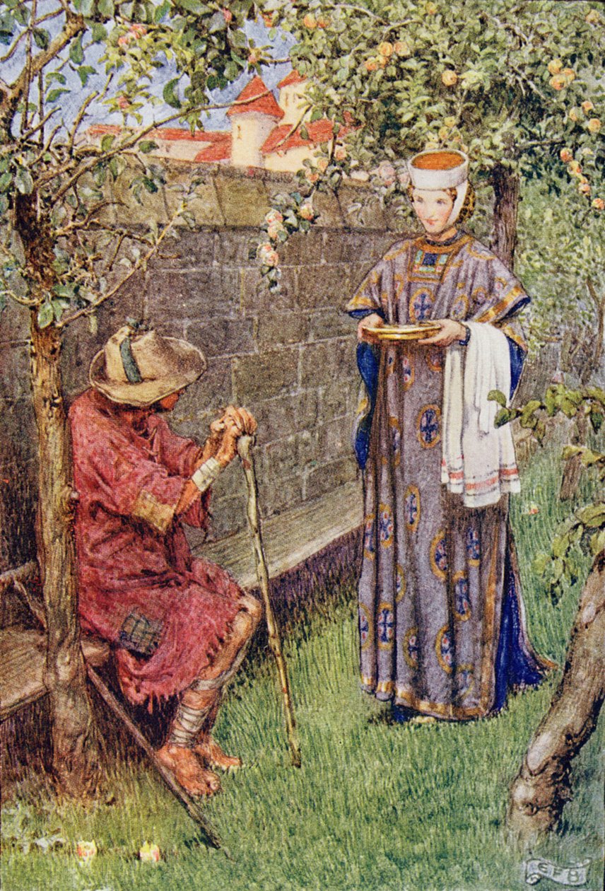 Alžběta se vydala na svou misi soucitu z „Příběhu svaté Alžběty Uherské“ od Williama Cantona (1845-26) 1921 (barevné lito) od Eleanor Fortescue Brickdale