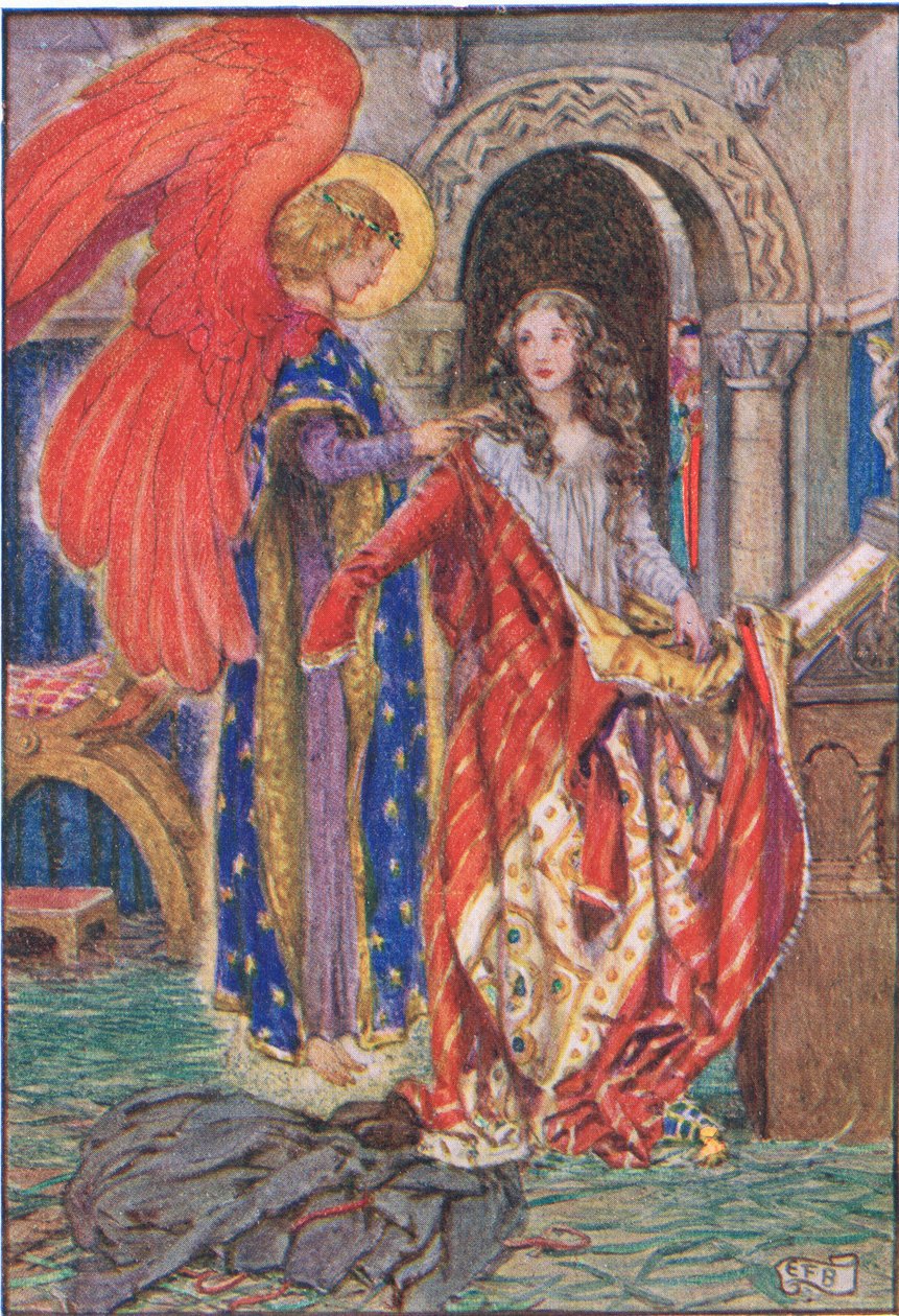 Alžběta...modlila se k Bohu, aby ji oblékl, z „Příběhu svaté Alžběty Uherské“ od Williama Cantona (1845-26) 1921 (barva lito) od Eleanor Fortescue Brickdale
