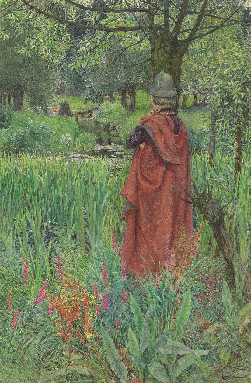 Lancelot a Elaine: Sbohem, krásná Lily (tužka a akvarel zvýrazněny tělovou barvou a škrábáním na papíře) od Eleanor Fortescue Brickdale