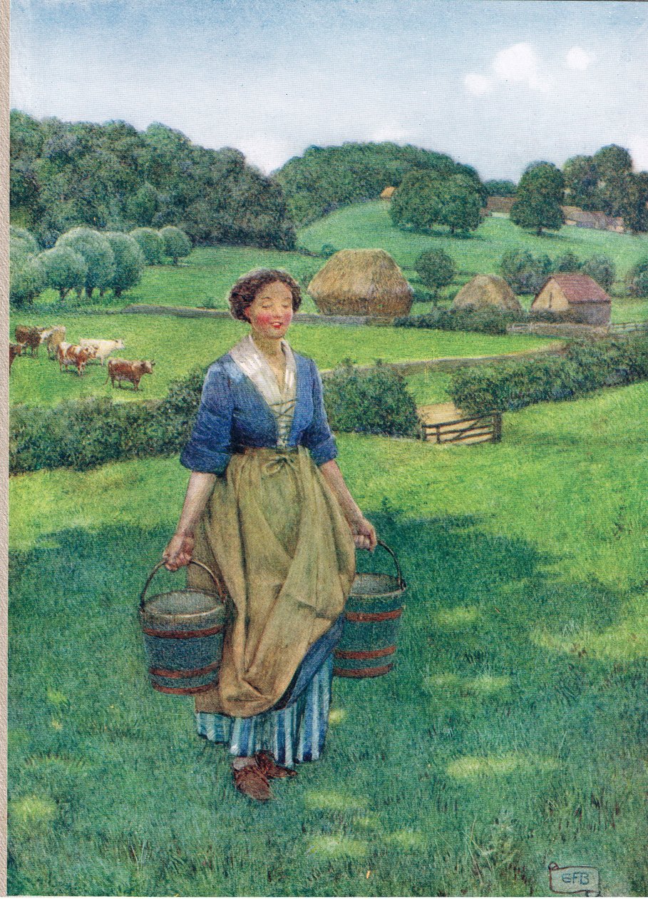 Milkmaid, ilustrace z „Knihy starých anglických písní a balad, vydané nakladatelstvím Hodder a Stoughton, kolem roku 1910 (barevné lito) od Eleanor Fortescue Brickdale