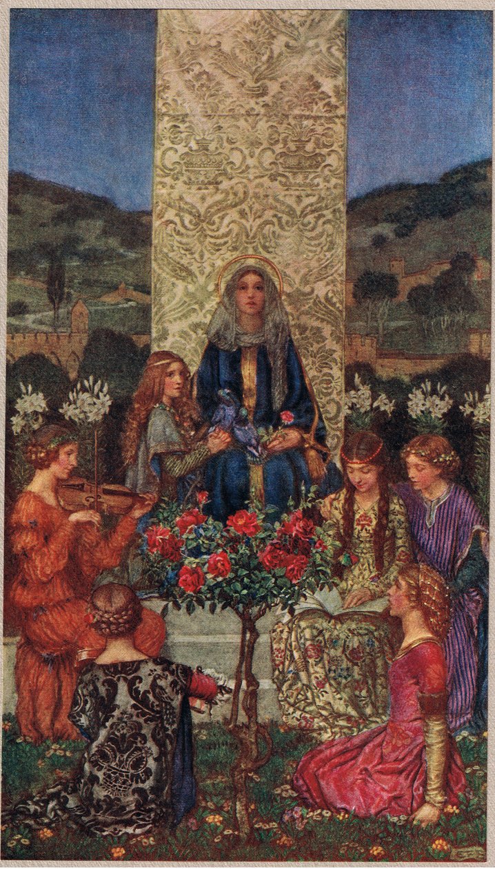 Our Lady Sings Magnificat, ilustrace z „Knihy starých anglických písní a balad“, vydané Stodderem a Houghtonem, kolem roku 1910 (barevné lito) od Eleanor Fortescue Brickdale