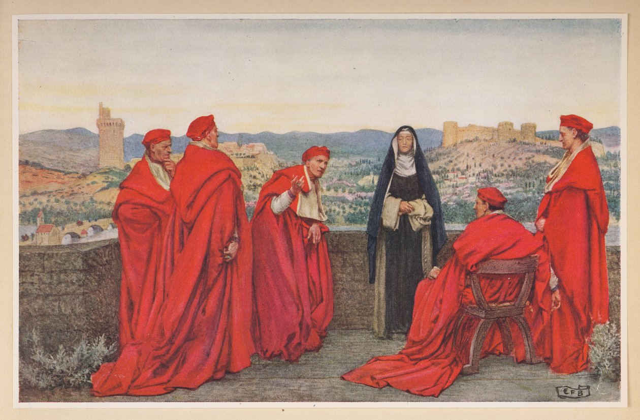 Svatá Kateřina Sienská vyjednávající jménem Florenťanů s papežem Řehořem XI. od Eleanor Fortescue Brickdale