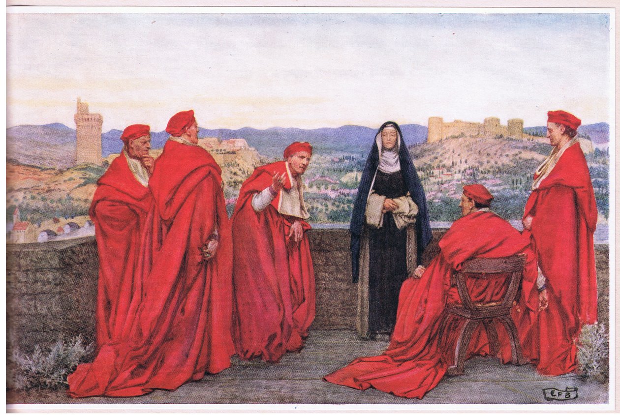 Svatá Kateřina Sienská vyjednává s papežem Řehořem XI jménem Florenťanů (litho) od Eleanor Fortescue Brickdale