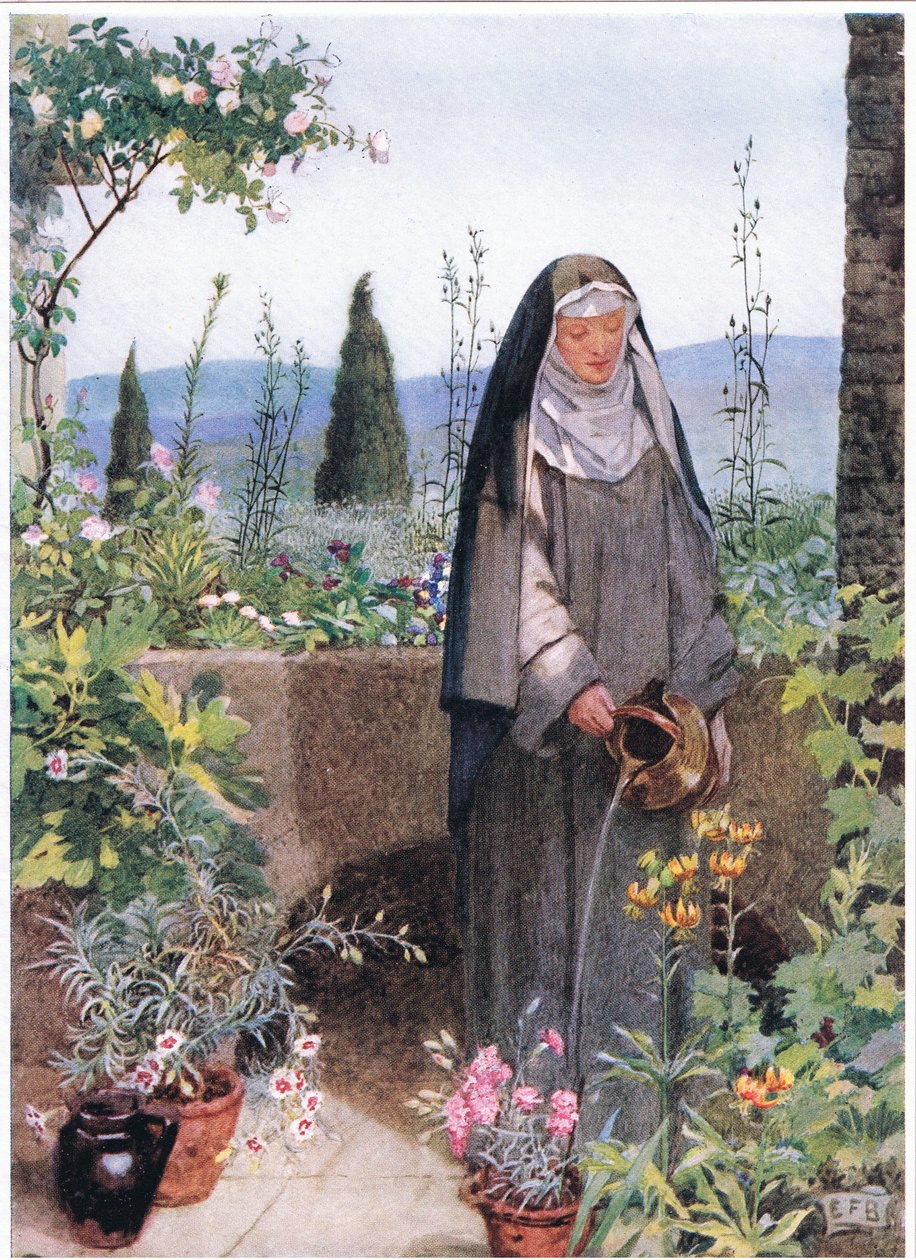 Svatá Klára v zahradě kláštera, který založila (litho) od Eleanor Fortescue Brickdale