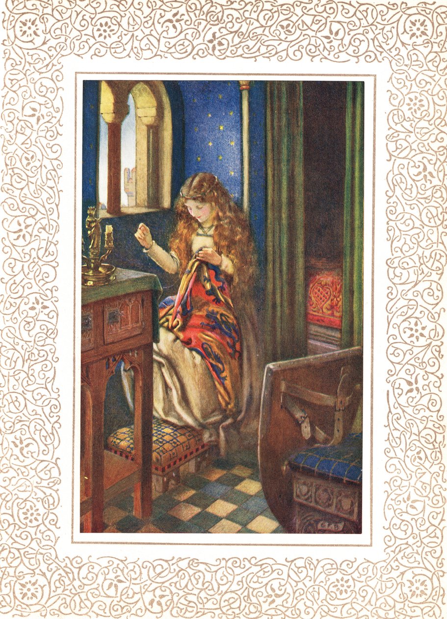 Lily Maid of Astolat, jinak známá jako Lady of Shalott, ilustrace z „Idyly krále“ od Alfreda Tennysona (1809-92), vydané nakladatelstvím Hodder & Stoughton od Eleanor Fortescue Brickdale