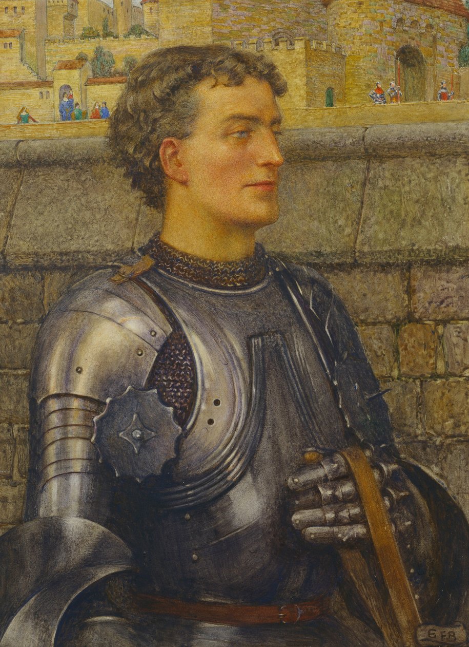 „Sir Lancelot šel nejprve za velvyslancem, aby ji přivedl, a ona ho vzala za krále“ (tužka, akvarel a tělová barva na papíře) od Eleanor Fortescue Brickdale