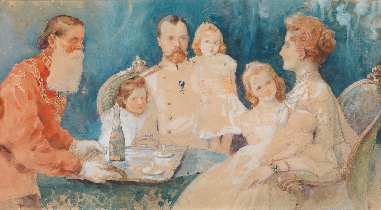 Car Nikolaj II a Tsarina Alexandra Fjordorovna se svými dcerami Olgou, Tatianou, Marií a Anastasií (jako dítě) od Elena Samokich Soudkovskaïa