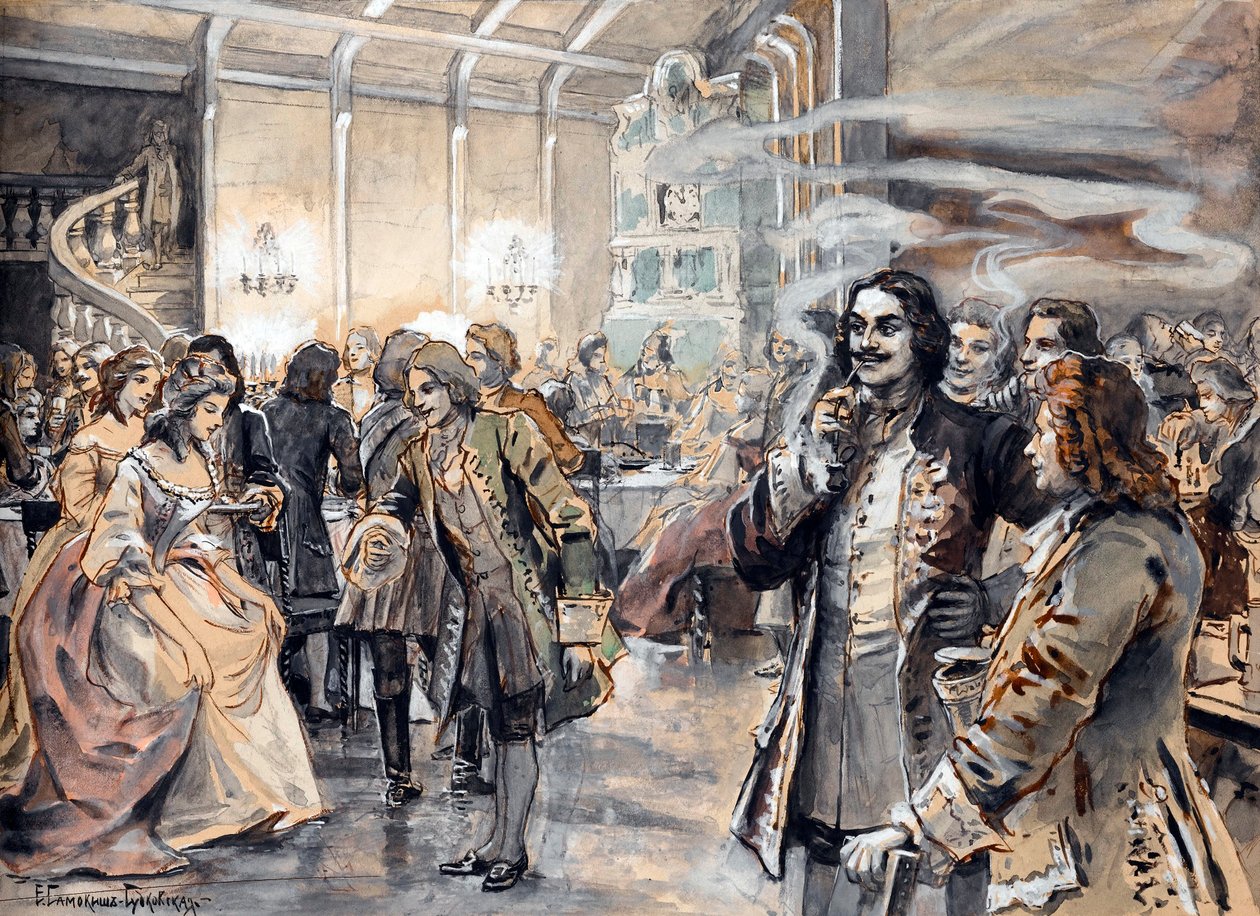 Velikonoční oslavy na dvoře Petra Velikého (Pierre le grand) - Peinture de Elena Petrovna Samokish Sudkovskaya (Samokish-Sudkovskaya) (1863-1924) - Akvarel, kvaš na kartonu, 25,38x35 - soukromá sbírka od Elena Petrovna Samokish Sudkovskaya