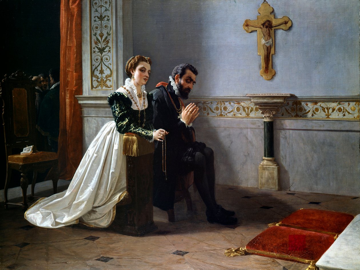 Bianca Cappello a Francois I de Medici (1541-1587) (Francesco Primo I de Medici) se modlí před krucifixem (olej na plátně) od Eleuterio Pagliano