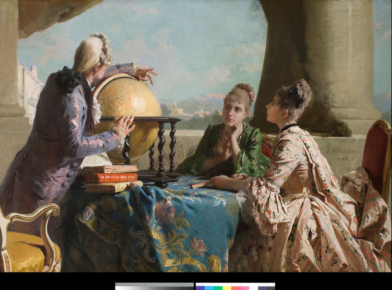 Lecon of Geography Dvě mladé ženy z vyšší společnosti a jejich učitelka jim ukazují zeměkouli Malba Eleuteria Pagliana (1826-1903) 1880 Soukromá sbírka od Eleuterio Pagliano