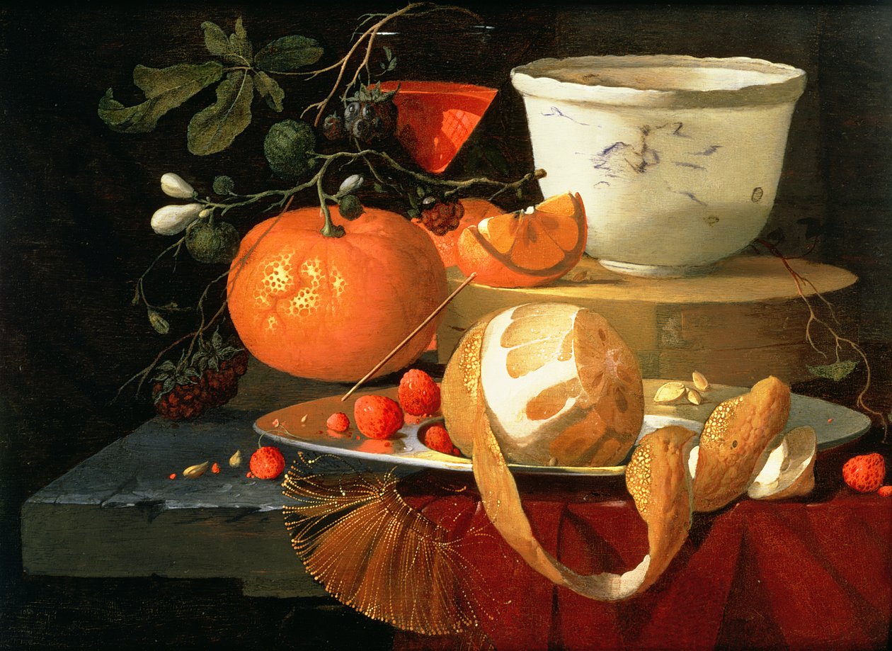 Zátiší z pomeranče, citronu a jahody na cínovém talíři, vzadu mísa wan-li od Elias van den Broeck
