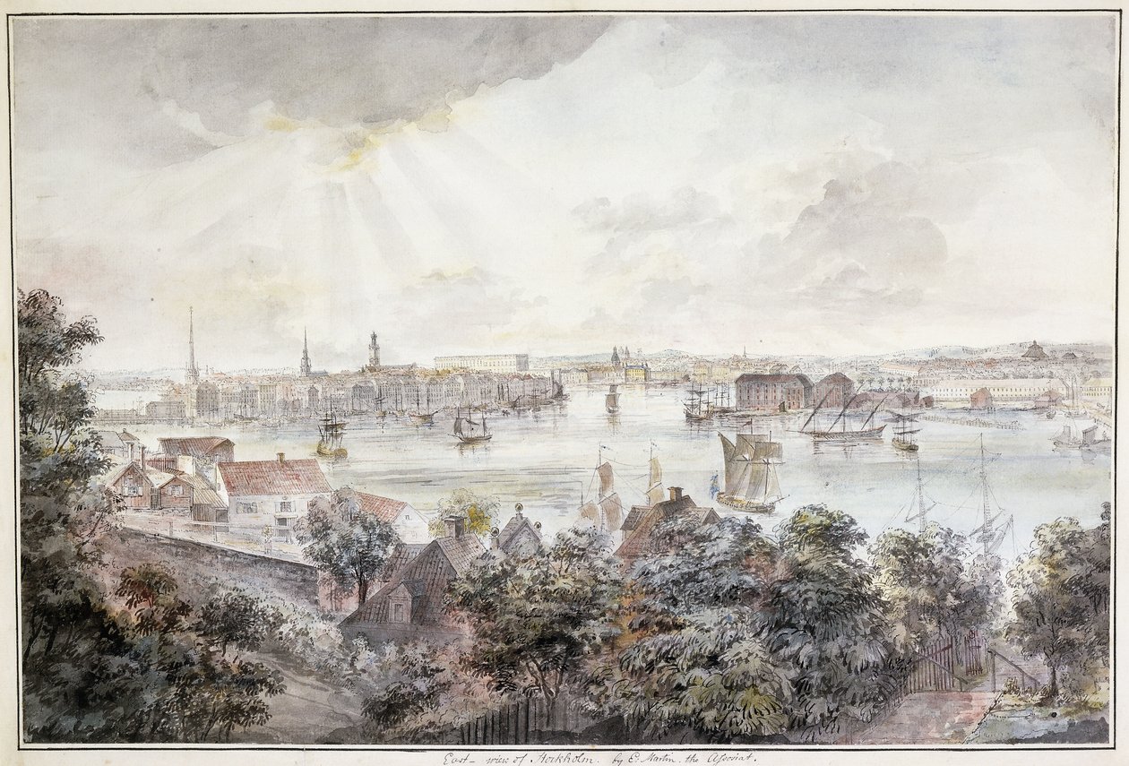 Pohled na Stockholm ze Soderu s královským palácem, Storkyrkan, Riddarholmskykan a Tskakykan, od Elias Martin