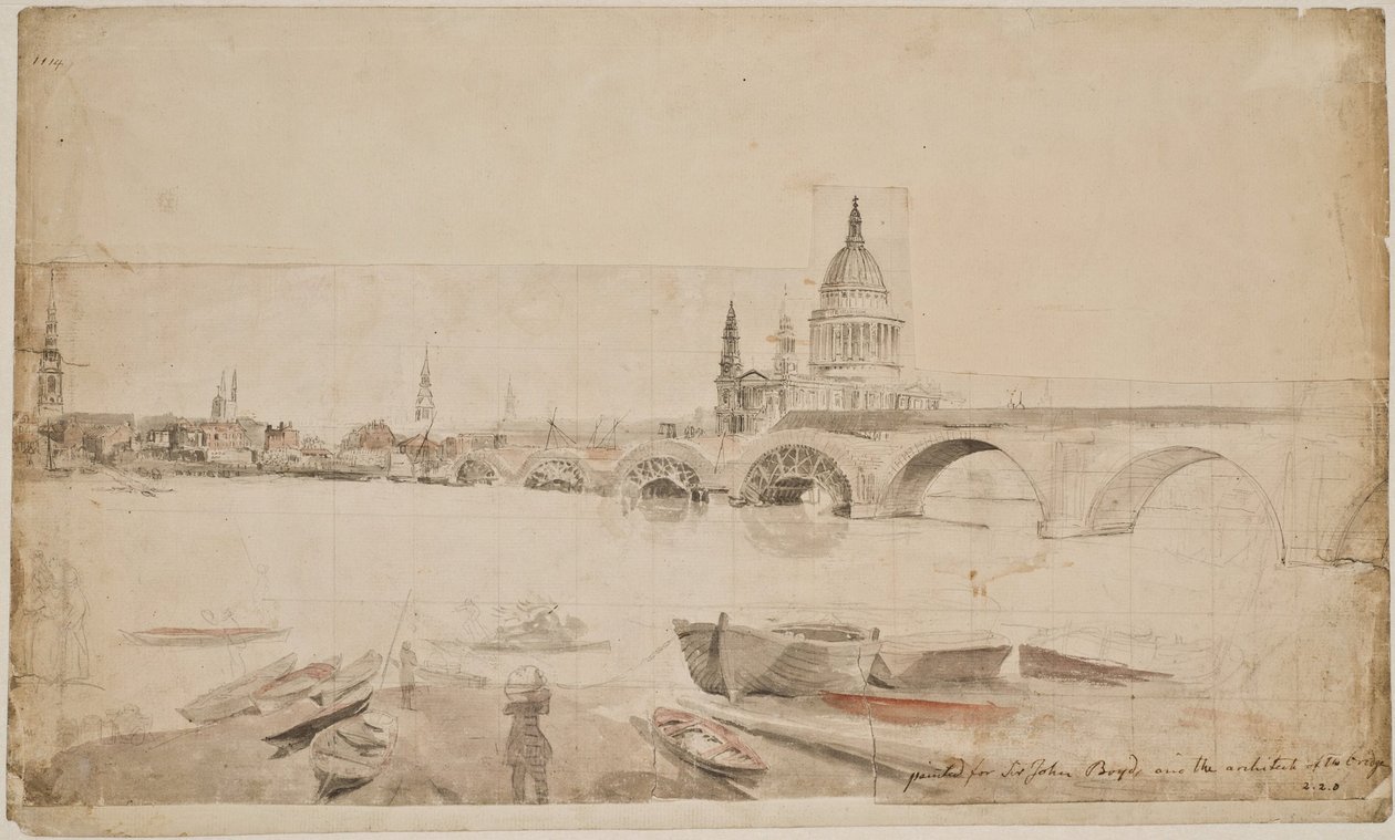 London Bridge a katedrála sv. Pavla při pohledu z břehu Temže od Elias Martin