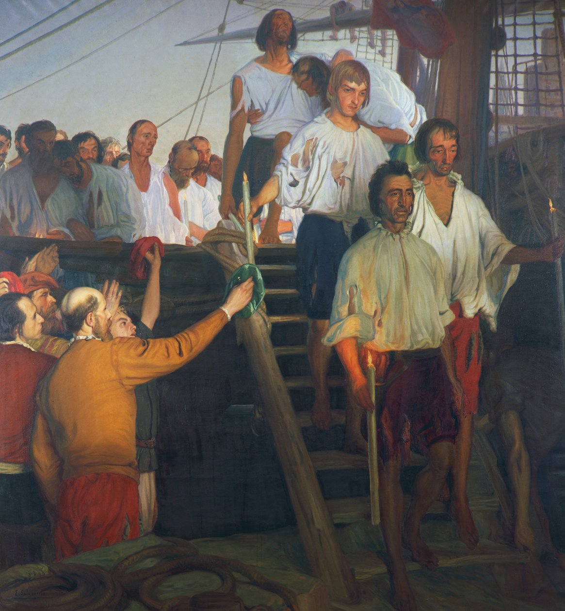 Juan Sebastian Elcano a jeho posádka, malba od Elias Salaverria Inchaurrandieta