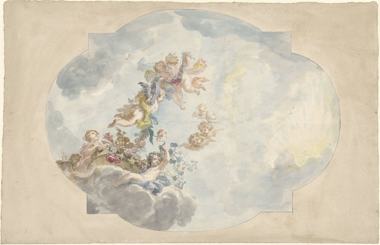 Design pro nástropní malbu s putti, květinami a girlandami od Elias van Nijmegen (possibly)