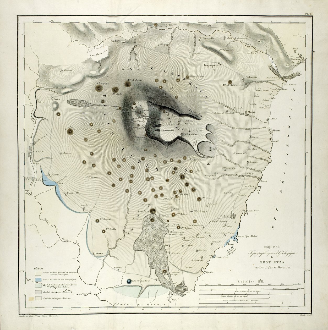 Topografická a geologická studie Etny (akvatinta) od Elie de Beaumont