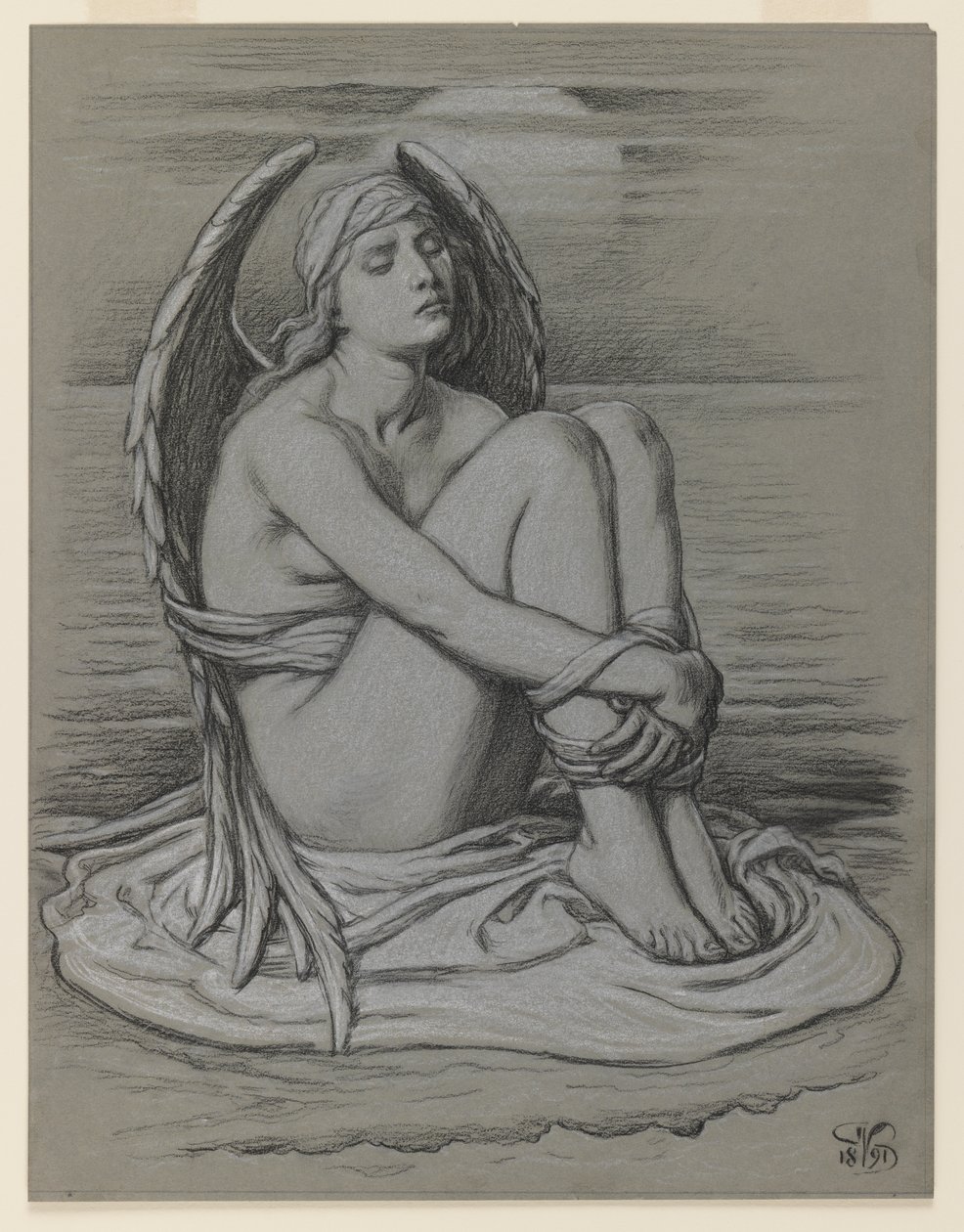 Vázaný anděl, 1891 (černobílá křída nebo pastelka na tkaném papíře) od Elihu Vedder