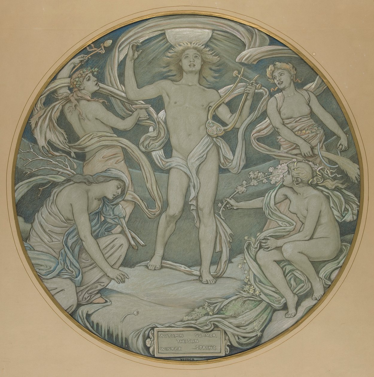 Kreslený film pro středový kruh Huntington Ceiling: Apollo and Attendants od Elihu Vedder