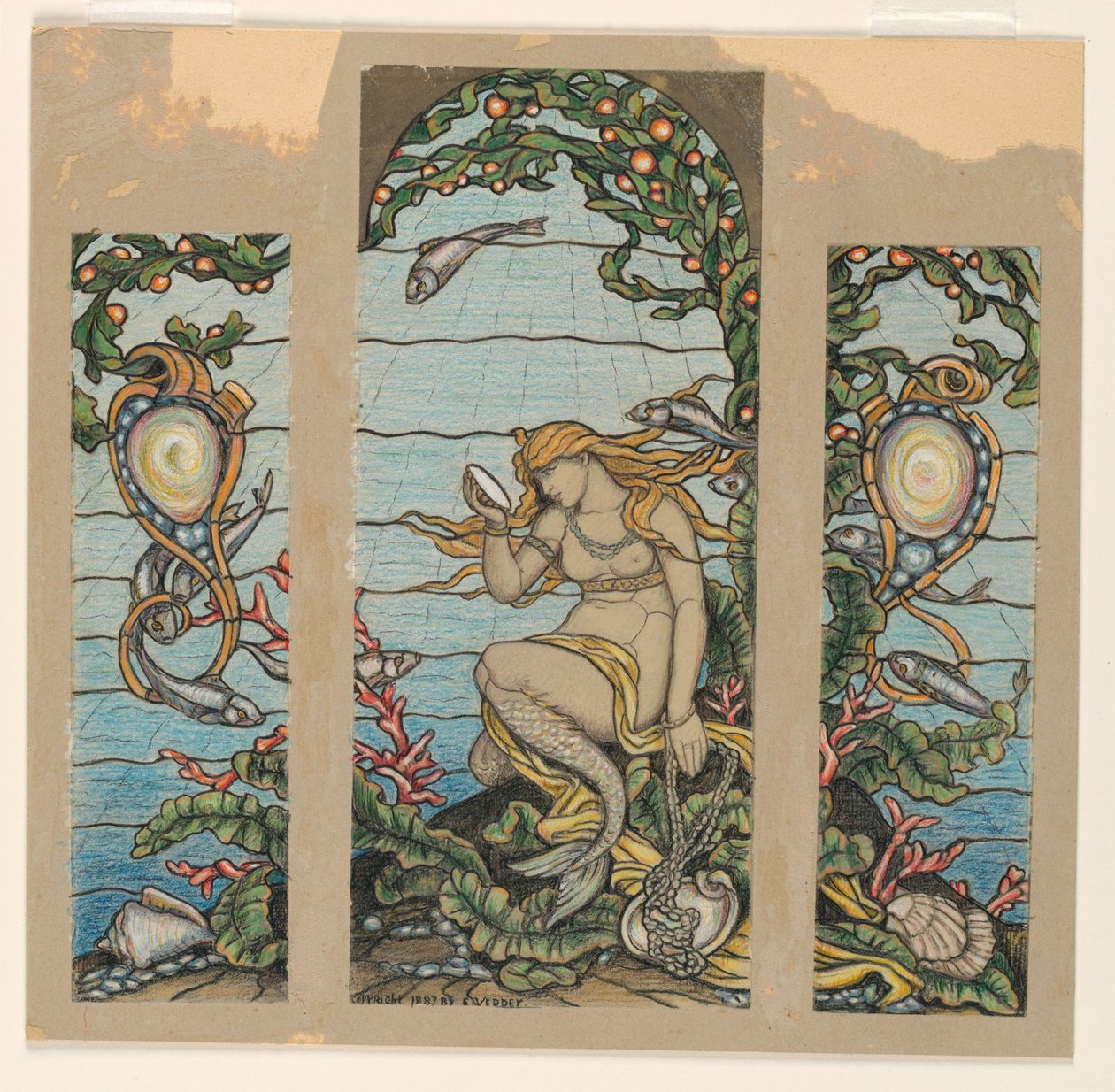 Kresba, návrh vitráže, Okno mořské panny, pro rezidenci A. H. Barneyho, New York, NY, 1882 od Elihu Vedder