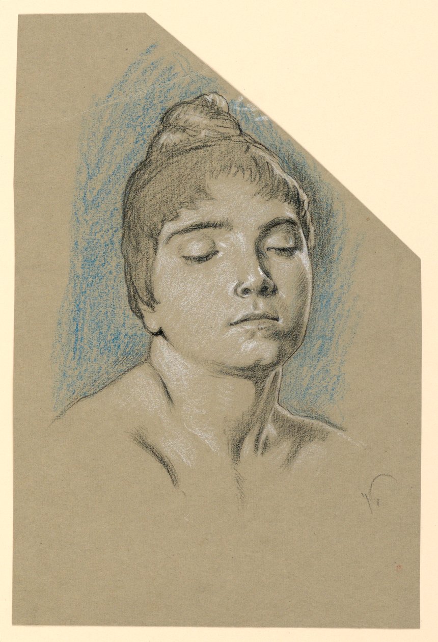 Kresba, portrétní skica mladé ženy se zavřenýma očima, asi 1885 od Elihu Vedder