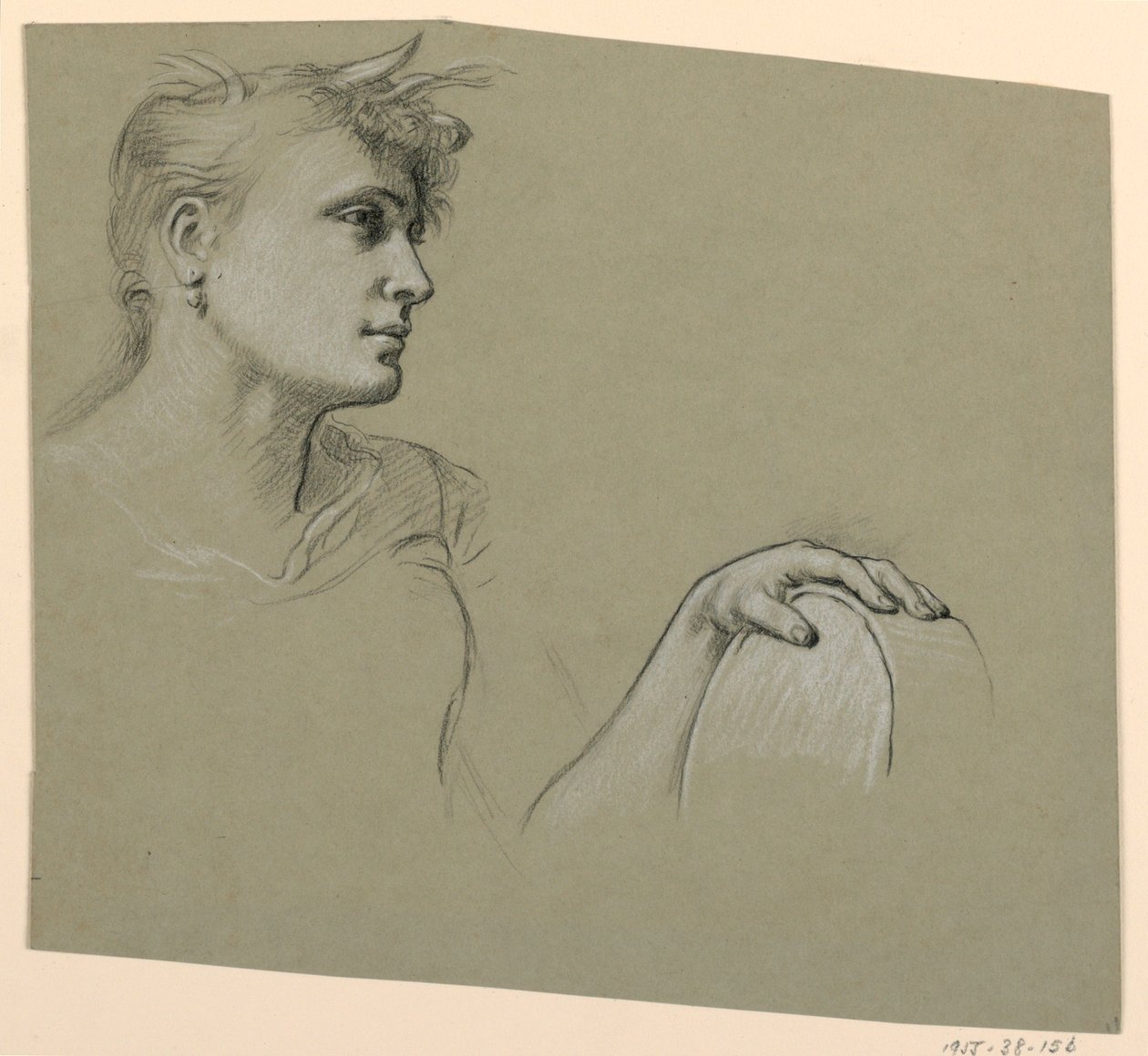 Kresba, profil ženy a studie levé ruky, asi 1885 od Elihu Vedder
