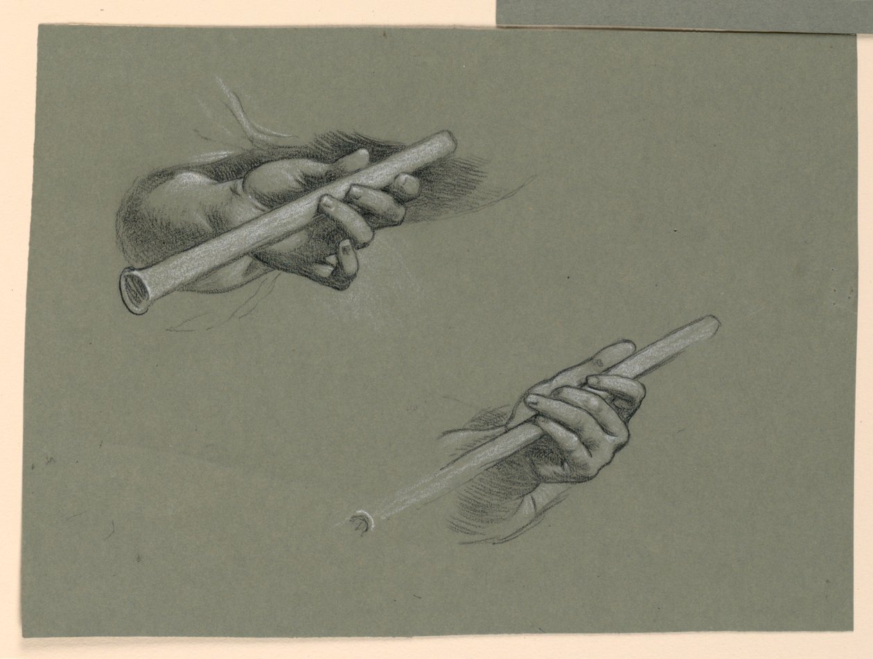 studie dvou rukou držících flétny (?) od Elihu Vedder