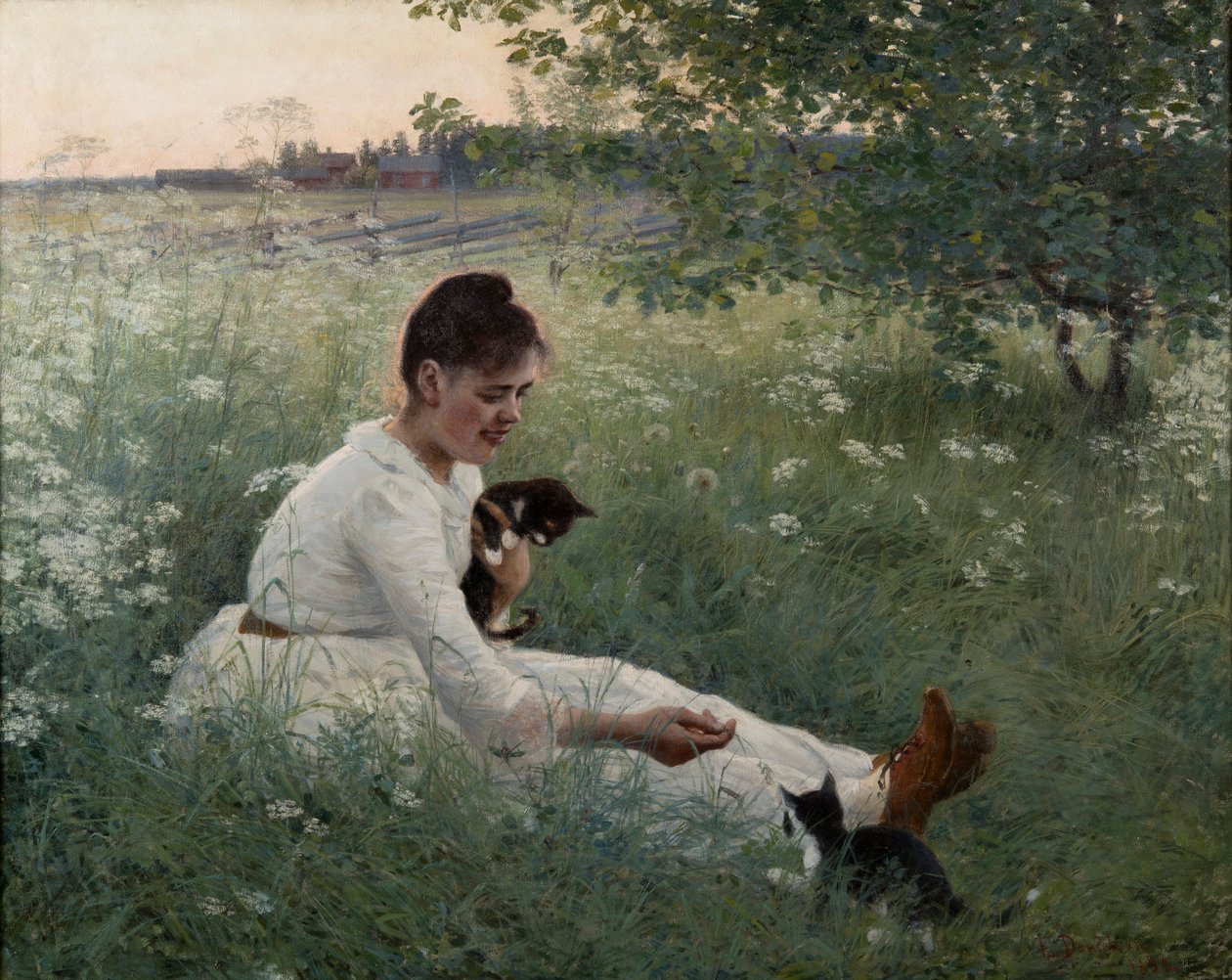 Mladá dívka s kočkami v letní krajině - Dívka s kočkami v letní krajině - Elin Danielson-Gambogi (1861-1919). olej na plátně od Elin Danielson Gambogi