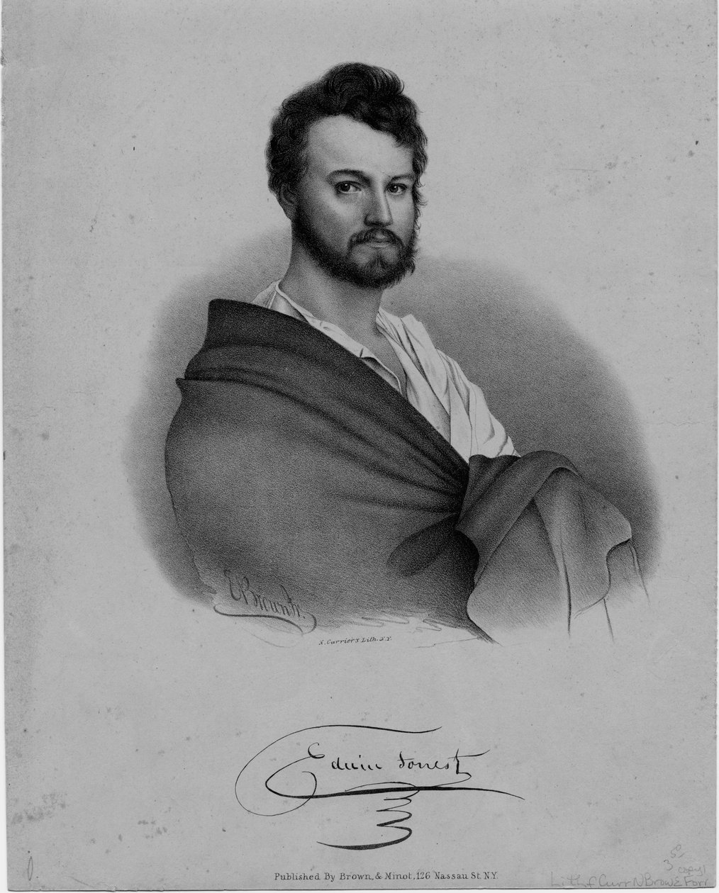 Edwin Forrest (1806-72), herec, litografie Nathaniel Currier, vydal Brown und Minot, New York od Eliphalet Brown