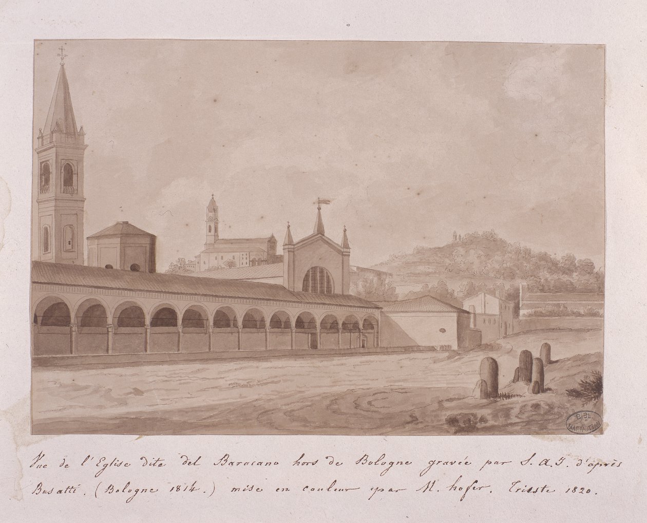 Pohled na kostel v Baracanu, Bologna, podle Basattiho, 1814 (rytina doplněná čb na papíře) od Elisa Bonaparte