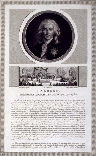 Calonne, generální kontrolor financí, v roce 1787, portrét vyrytý Charlesem Levachezem (fl. 1760-1820), se scénou Shromáždění notables od Jean Duplessis-Bertaux (1747-1819), kolem 1803 (rytina) od Elisabeth Louise (after) Vigee Lebrun