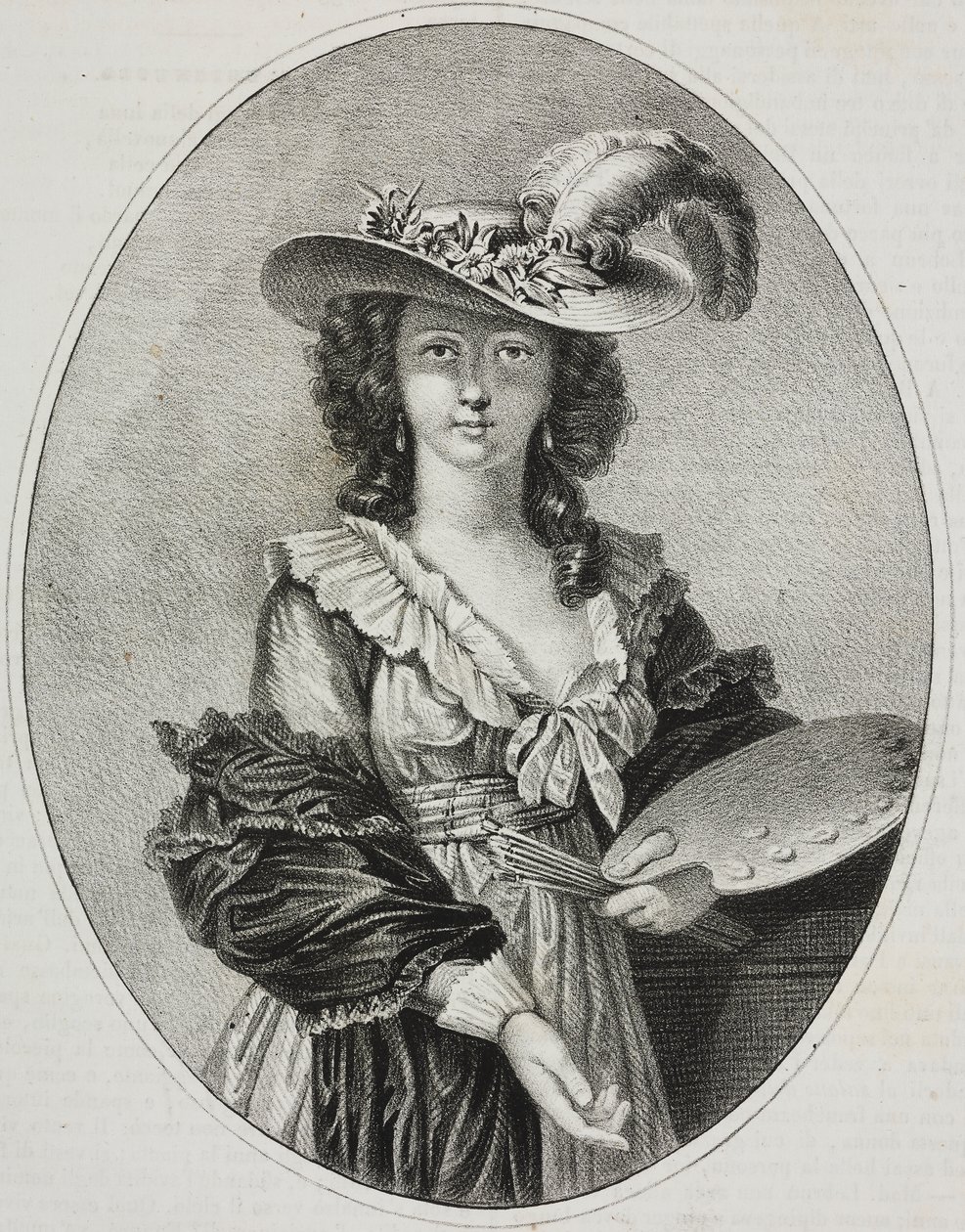 Autoportrét s paletou, francouzská malířka Elisabeth Vigee Le Brun, litografie Giovanni Mariani z Poliorama Pittoresco, č. 42, 28. května od Elisabeth Louise (after) Vigee Lebrun