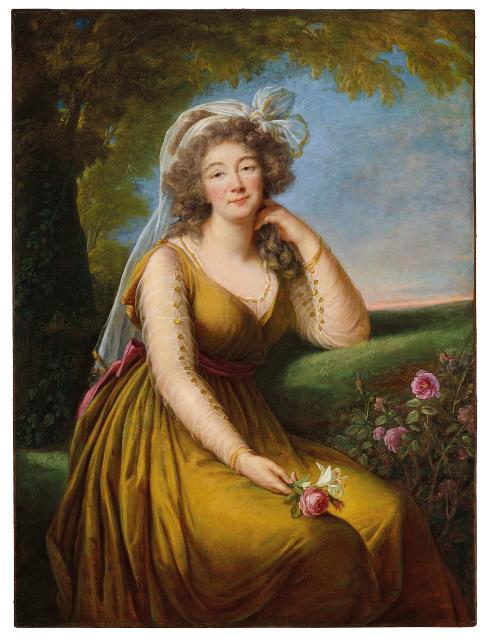 Portrét Madame du Barry (1743-1793), tříčtvrteční, sedící v krajině, asi 1775-93 (olej na plátně) od Elisabeth Louise Vigee Lebrun