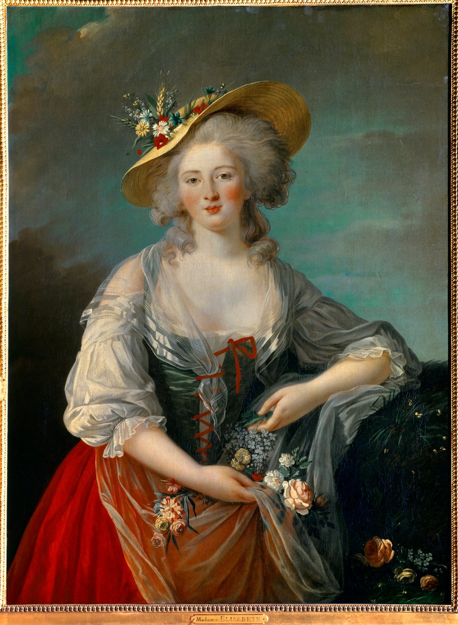 Portrét Elisabeth Filipínská Marie Helene z Francie známá jako Madame Elisabeth (1764-1794), sestra Ludvíka XVI. zastoupená v roce 1782, ve venkovském kostýmu představujícím květiny Obraz Marie Elisabeth Louise Vigee Le brun (nebo Vigee-Lebrun nebo Vigee L od Elisabeth Louise Vigee Lebrun