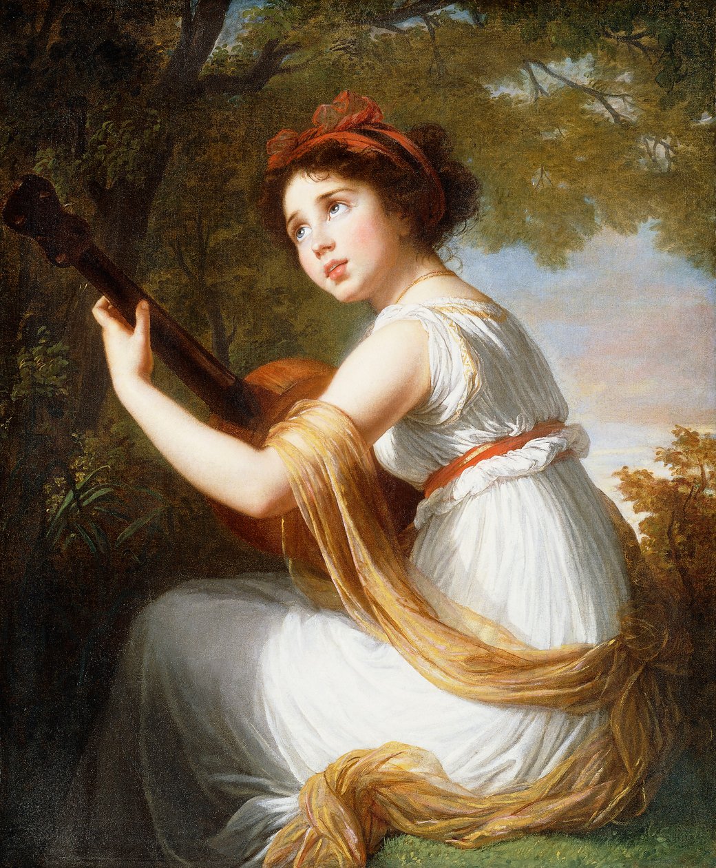 Portrét umělcovy dcery, tříčtvrteční délka vsedě, hra na kytaru, kolem roku 1797 od Elisabeth Louise Vigee Lebrun