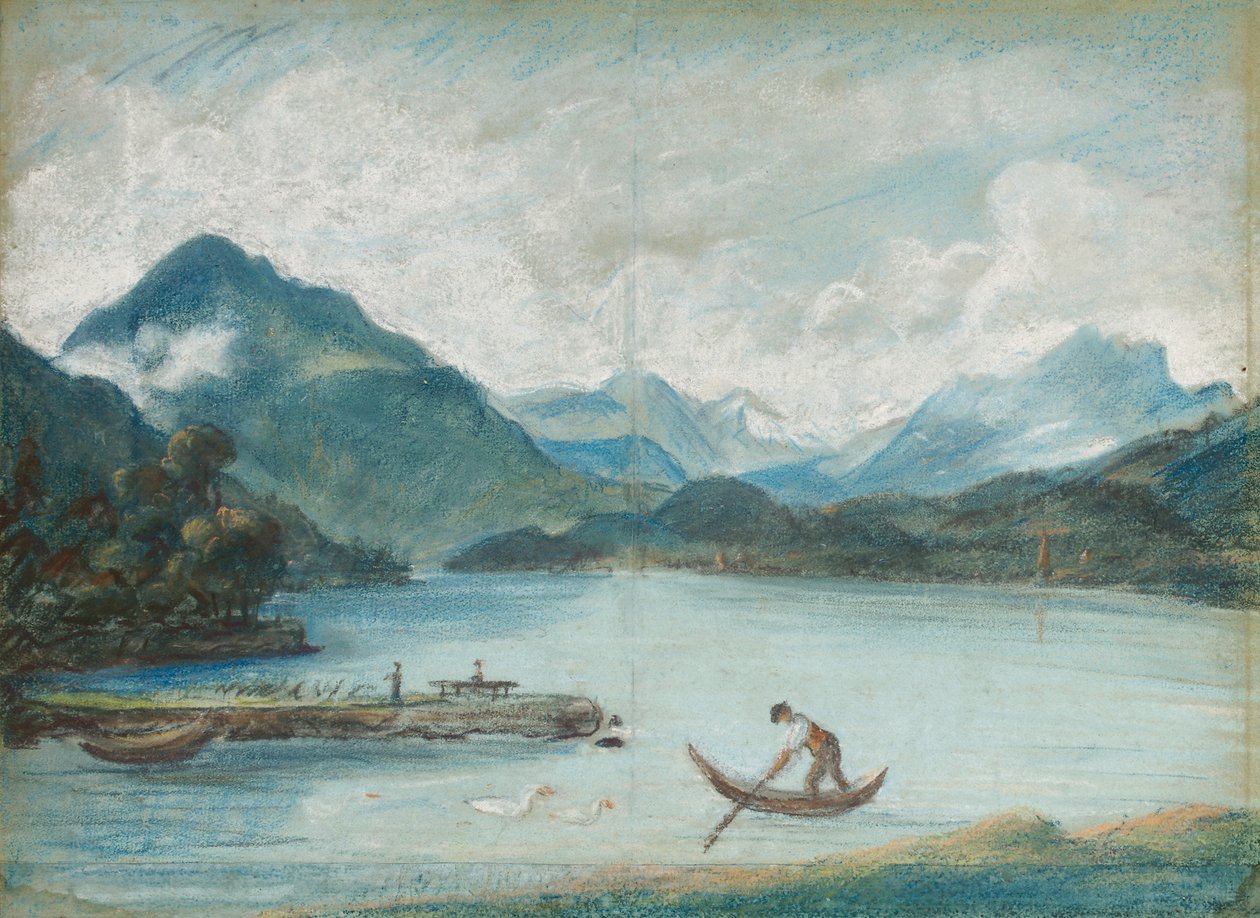 Pohled na Ženevské jezero s mužem veslujícím na malém člunu a dvěma labutěmi od Elisabeth Louise Vigee Lebrun