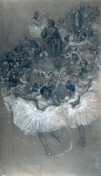 Baletní tanečníci a Beethoven - Karikatura pro přenos velké roušky Městského divadla v Rio de Janeiru od Eliseu Visconti