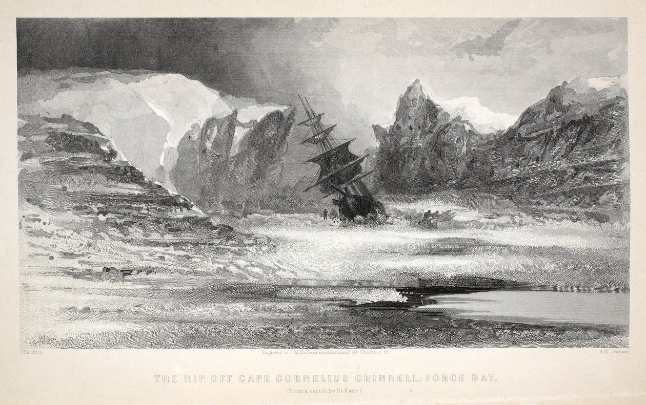 Nip u mysu Cornelius Grinnell, Force Bay, ilustrace z knihy "The second Grinnell Expedition in Search of Sir John Franklin...", 1856 od Elisha Kane