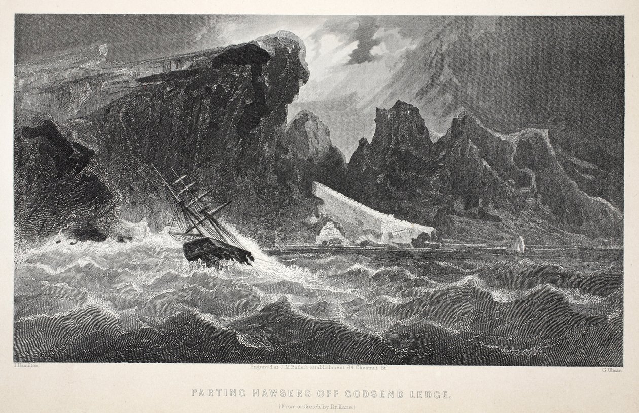 Parting Hawsers off Godsend Ledge, ilustrace z The Second Grinnell Expedition in Search of Sir John Franklin...