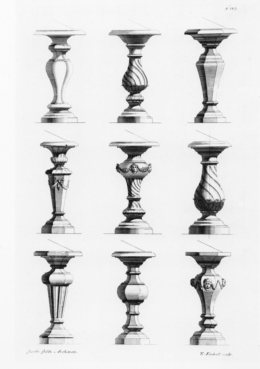 Podstavce, z knihy architektury, James Gibbs (1682-1754), publikoval 1739 (viz také 171988) od Elisha Kirkall