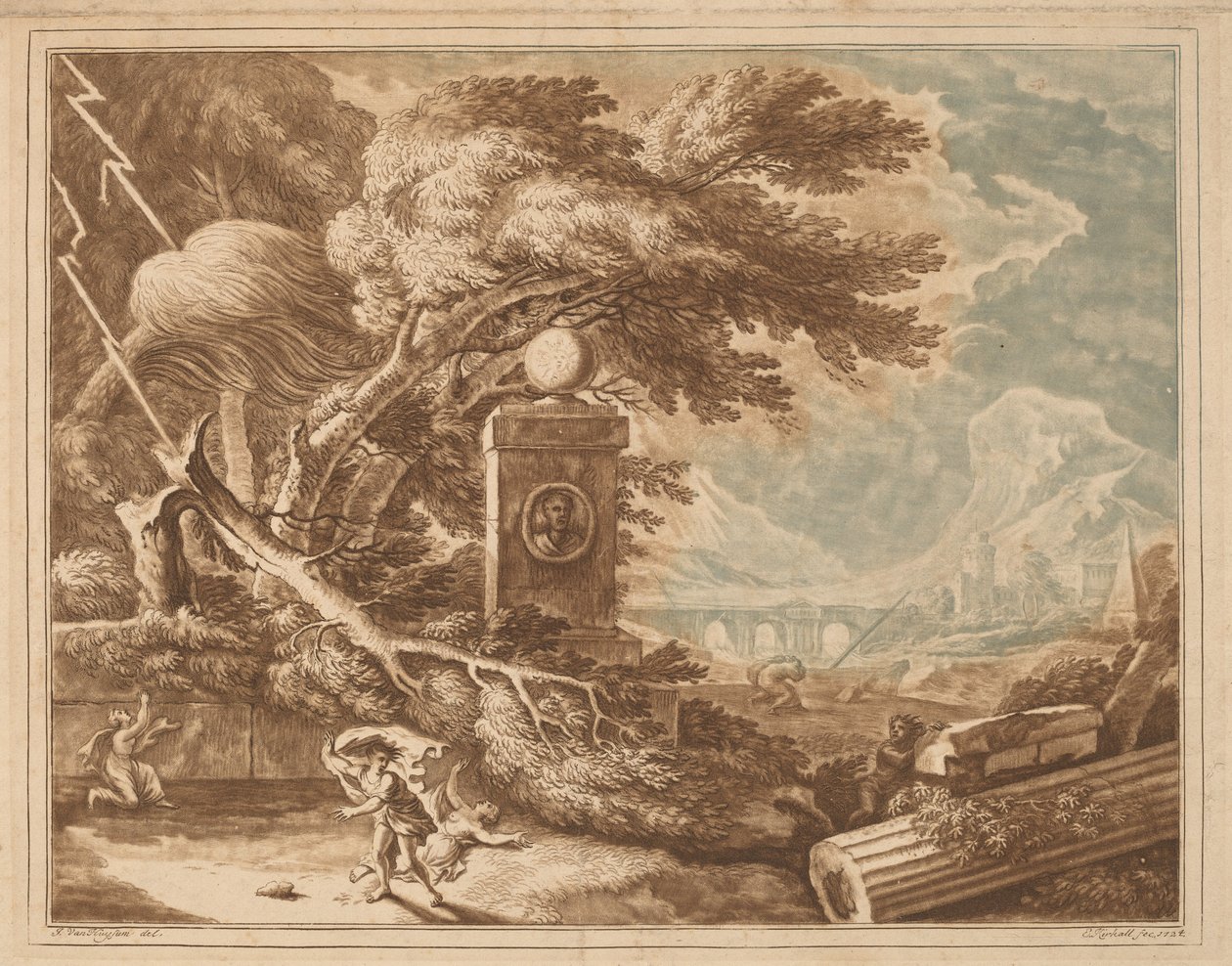 Heroic Bouřlivá krajina od Elisha Kirkall, after Jan van Huysum