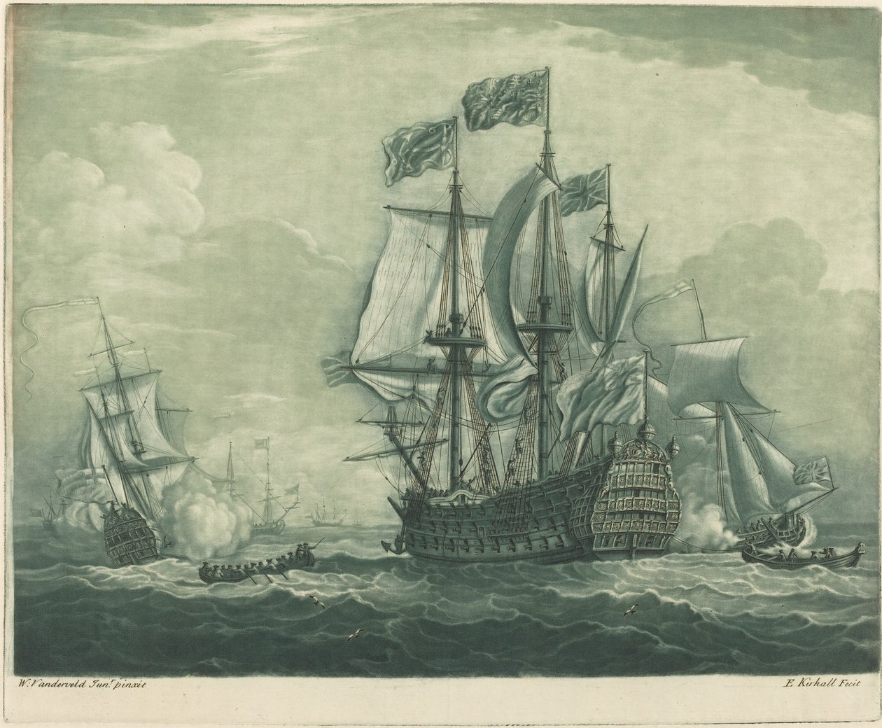 Přepravní scéna s Man-of-War od Elisha Kirkall after Willem van de Velde the Younger