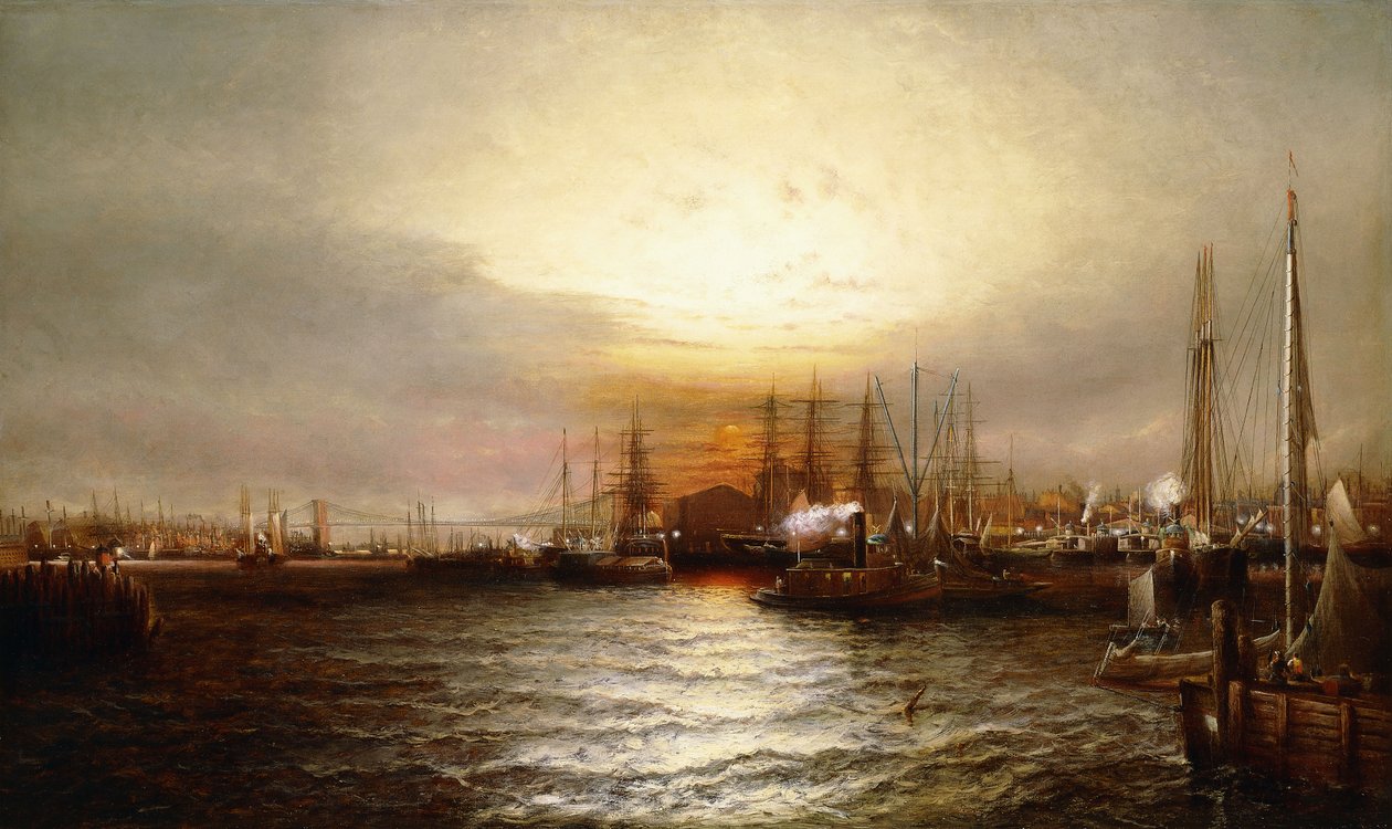 Východ slunce z Chapman Dock a Old Brooklyn Navy Yard, East River, New York od Elisha Taylor Baker