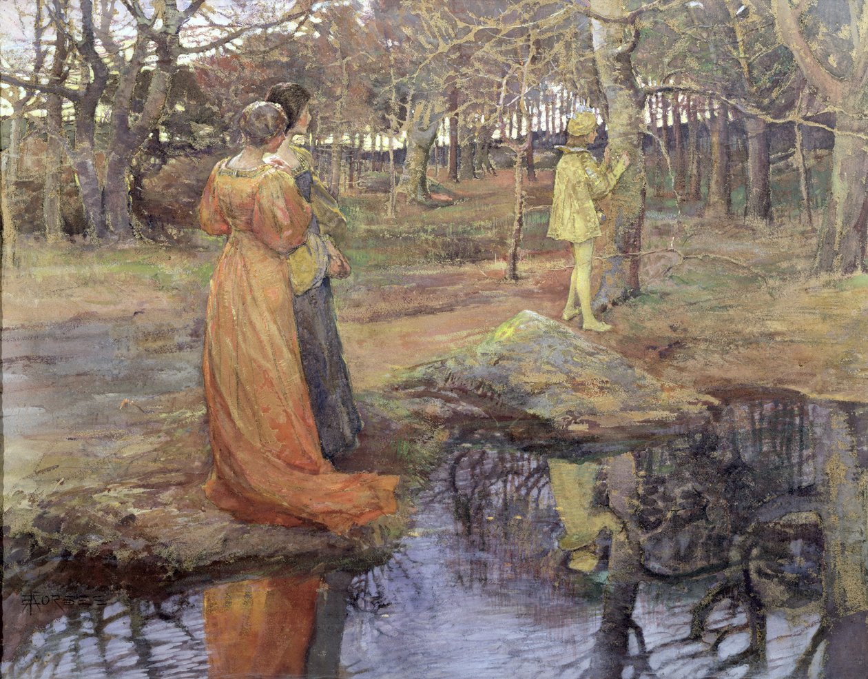 Středověká lesní scéna, 80. léta 19. století (pastel a kvaš) od Elizabeth Adela Stanhope Forbes