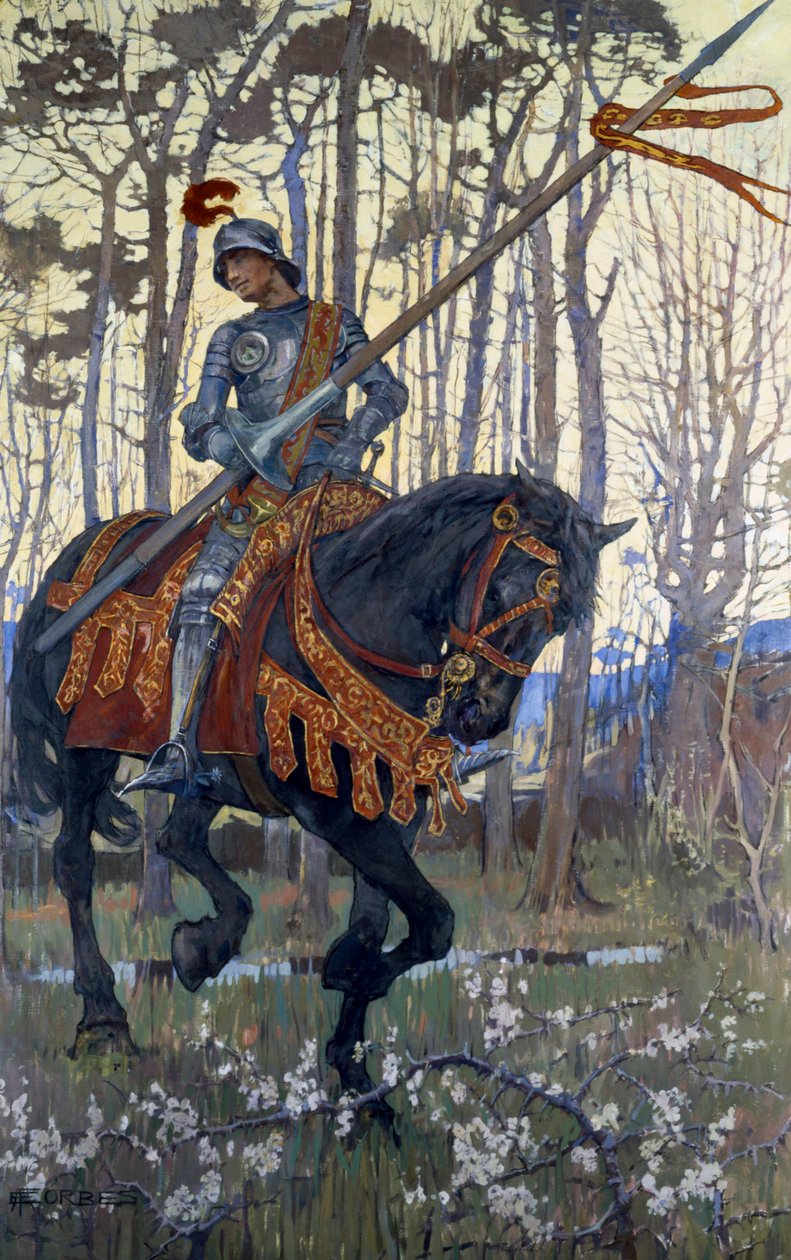 Rytíř ve zbroji projíždí lesem, ilustrace z knihy "King Arthur