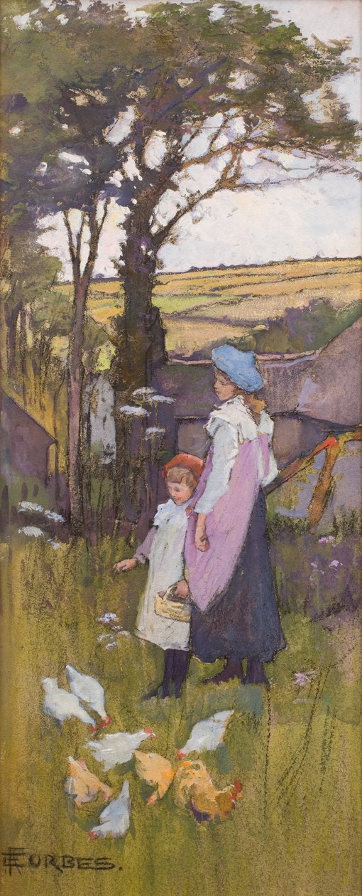 Krmení kuřat (pastel a akvarel na desce) od Elizabeth Adela Stanhope Forbes
