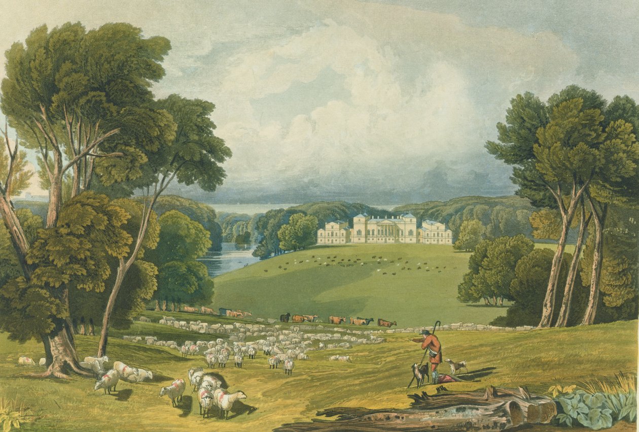 Pohled na Holkham Hall, Norfolk, vyryl Robert Havell (1769-1832) 1818 (barevná rytina) od Elizabeth Blackwell