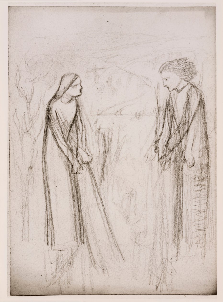 Zvěstování, pravděpodobně, asi 1970-77 (černobílá fotografie vytištěná na bílém papíře) od Elizabeth Eleanor (1834 62) (after) Siddal