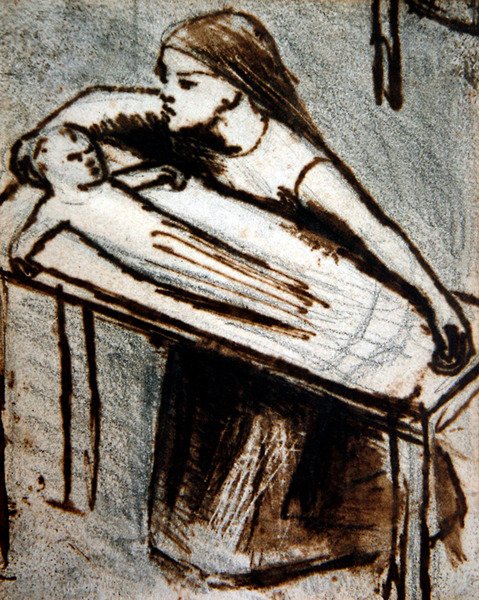 Klečící dívka s dítětem (pero a inkoust na papíře) od Elizabeth Eleanor Siddal