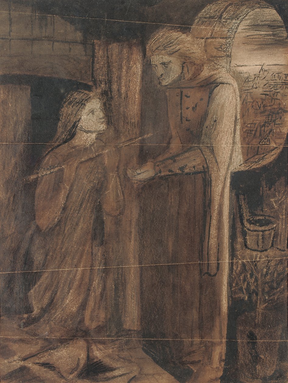 Clerk Saunders (akvarel s arabskou gumou a škrábáním, na papíře) od Elizabeth Eleanor Siddal